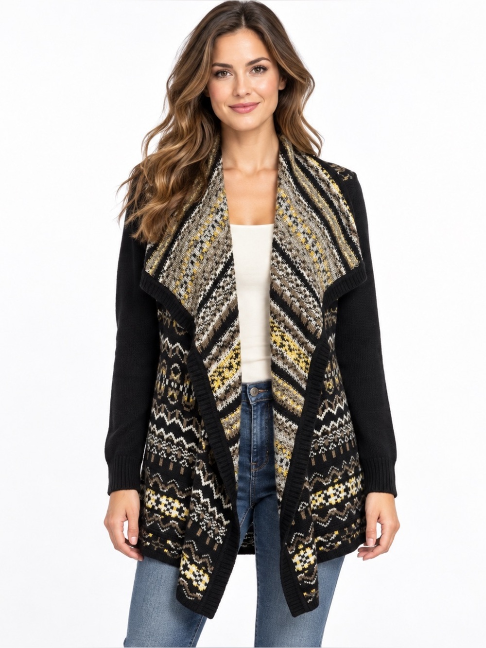 Style & Co Large Fair Isle Waterfall Cardigan Cotton Blend Open Front Bohemian